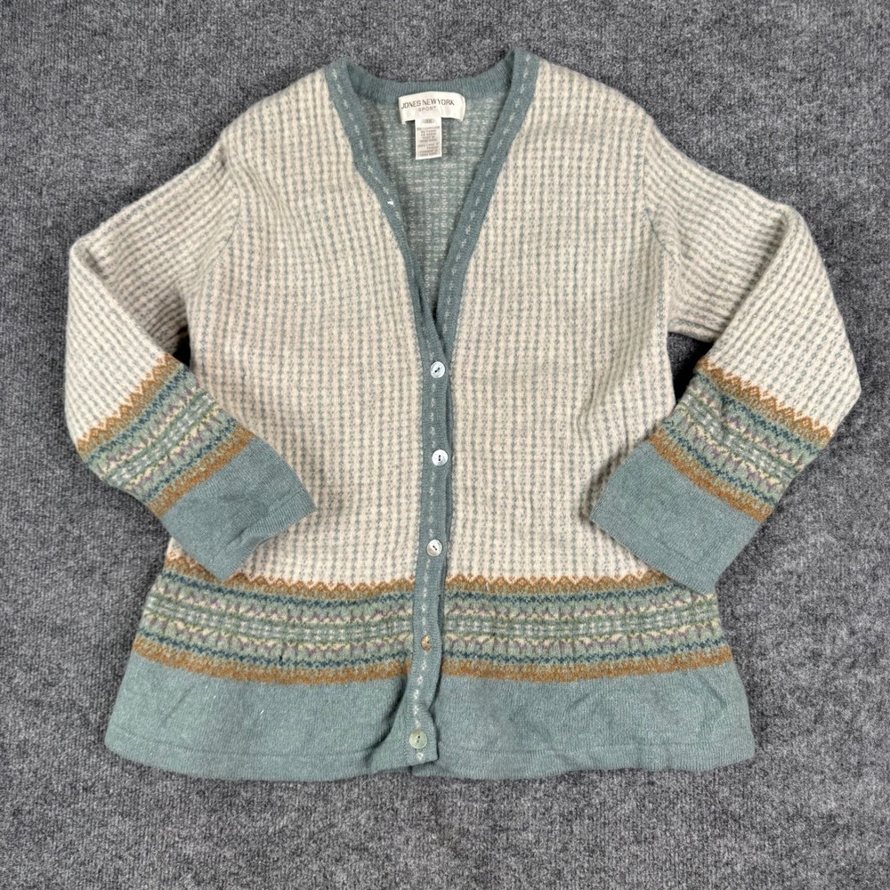 Jones New York Cardigan Womens 3X Green Lambswool Fair Isle Button Up Sweater